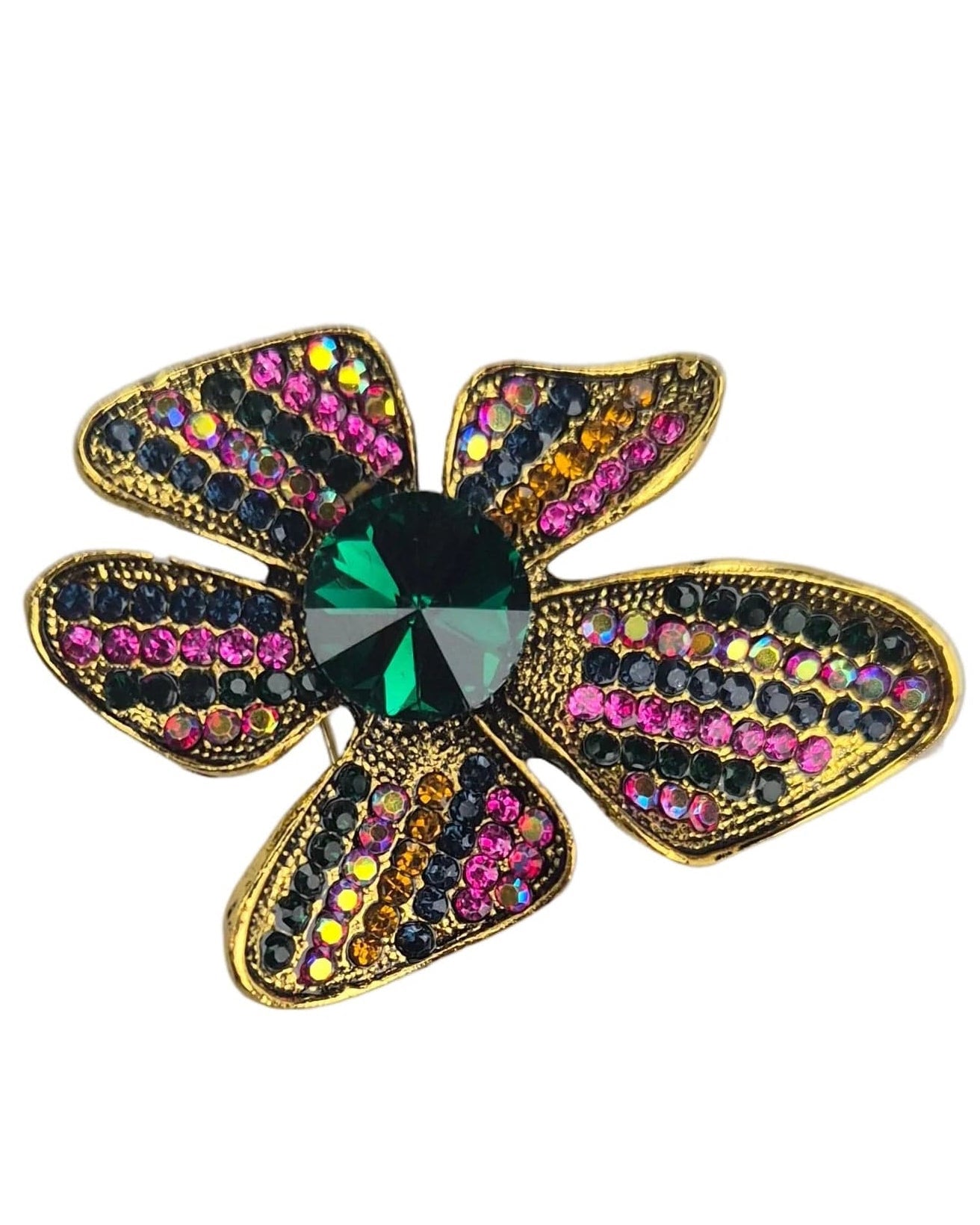 Vintage Textured Gold & Emerald Crystal Floral Statement Pin