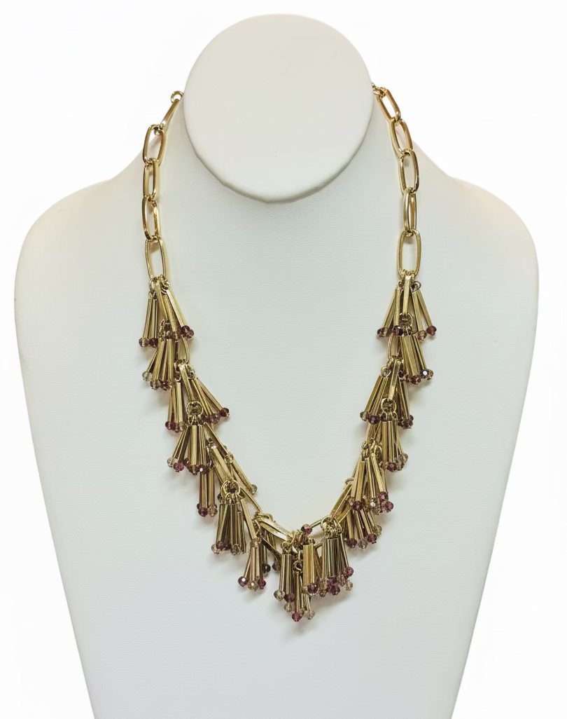 Vintage Fluted Gold Fringe Collar Necklace with Amethyst Crystal Drops