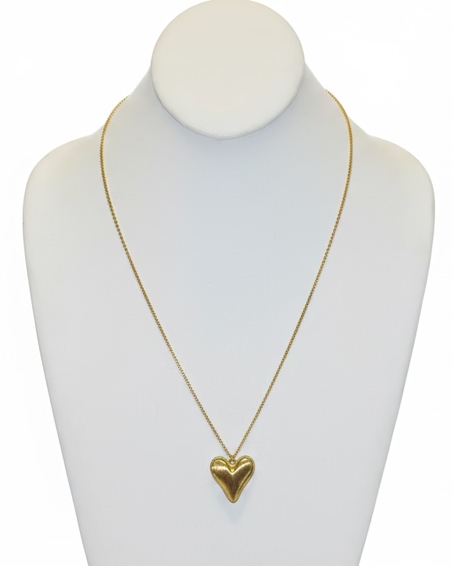 Vintage Sculptural Hammered Gold Heart Pendant Necklace