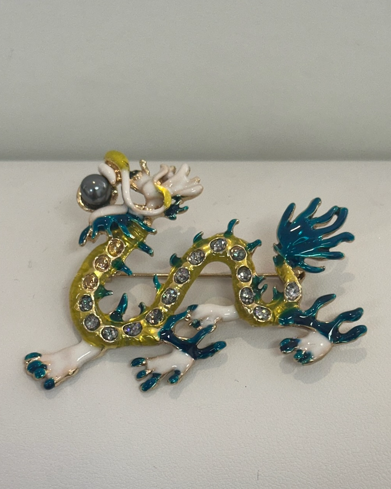 Jade & Azure Jeweled Dragon Brooch