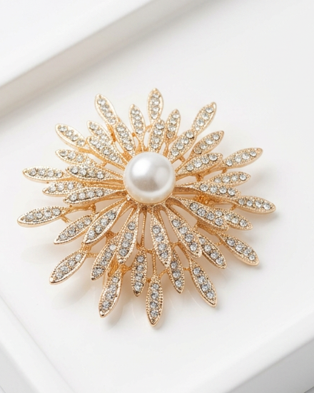 Empress Dahlia Pearl & Crystal Sunburst Brooch