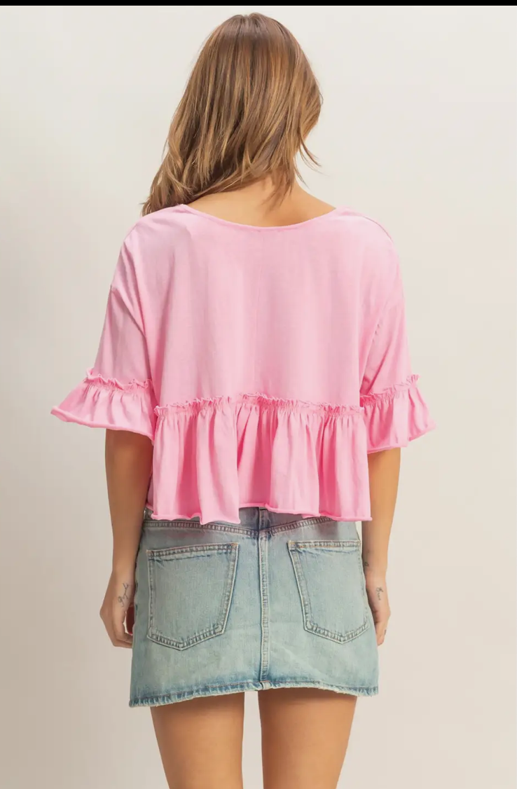Pink V-Neck Ruffle Hem Top
