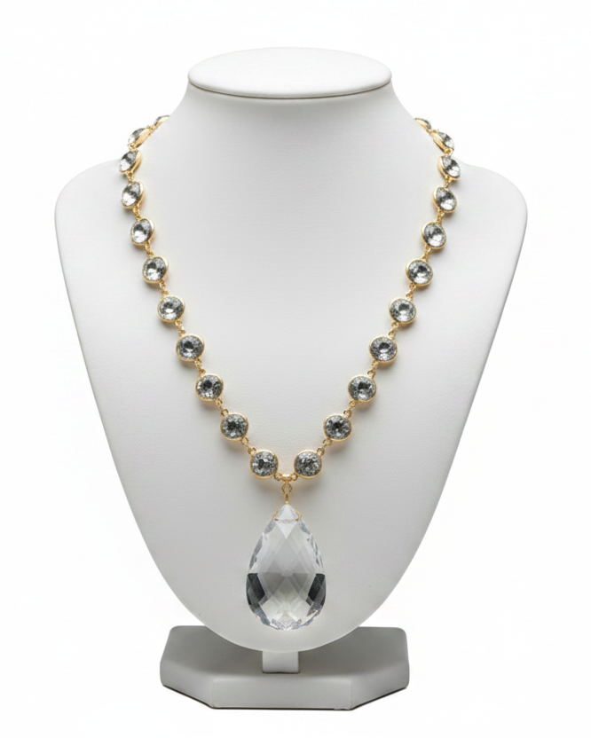 Vintage Statement Teardrop Pendant Crystal Station Necklace