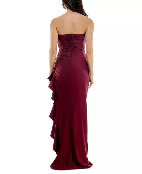 Emerald Sundae Juniors' Strapless Ruffled Side-Slit Gown