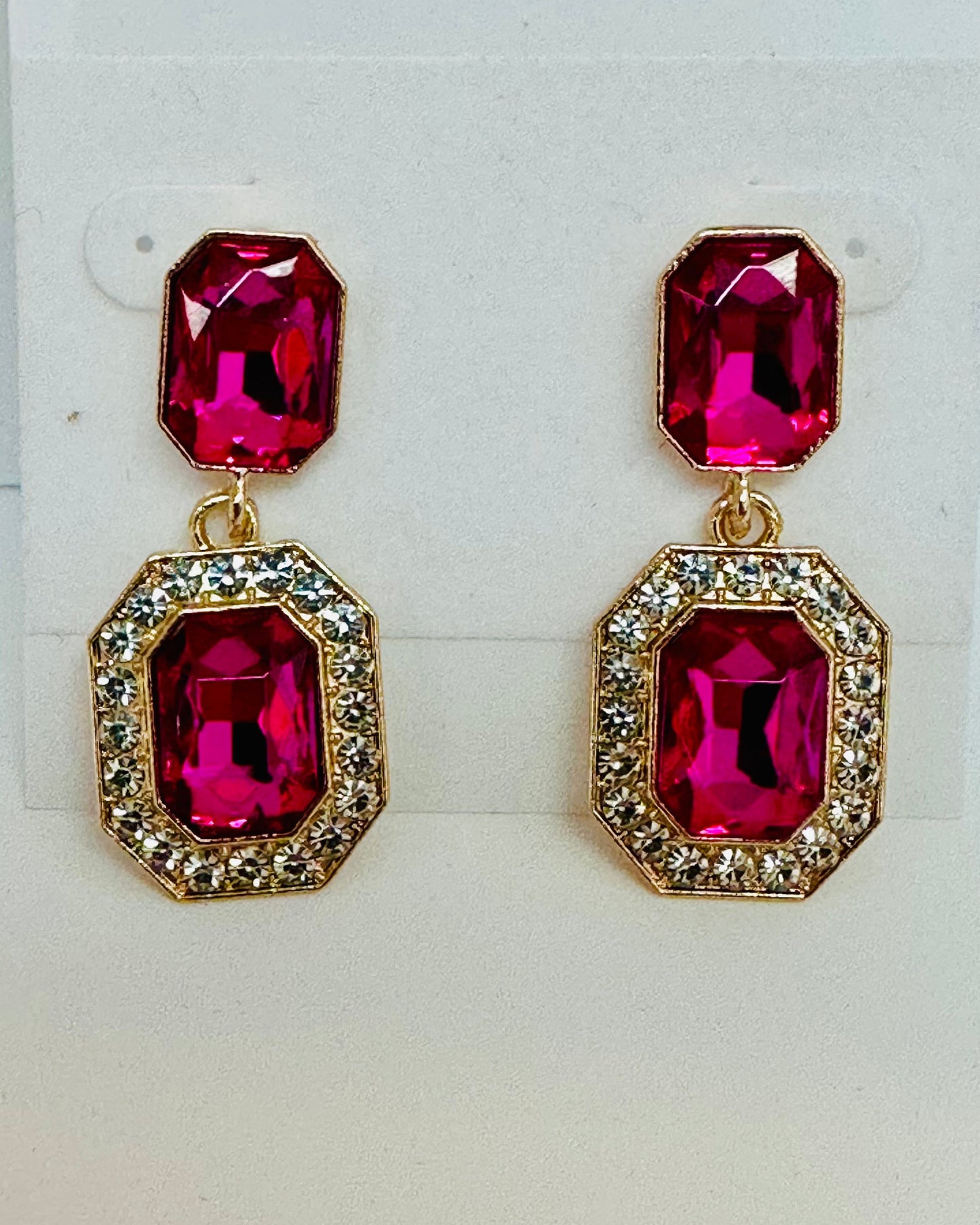 Gold Toned Fuchsia Double Drop Earrings
