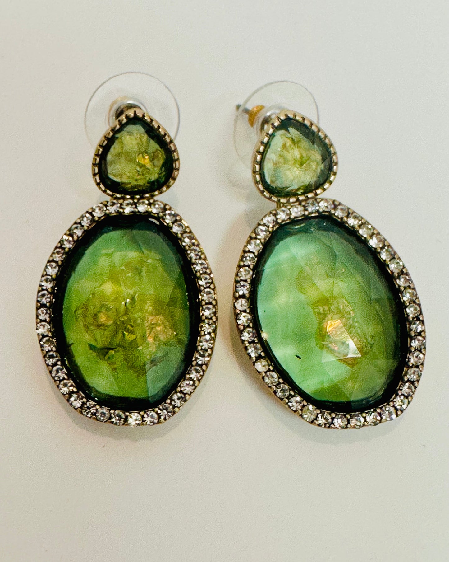 Vintage Chartreuse Resin & Rhinestone Drop Earrings