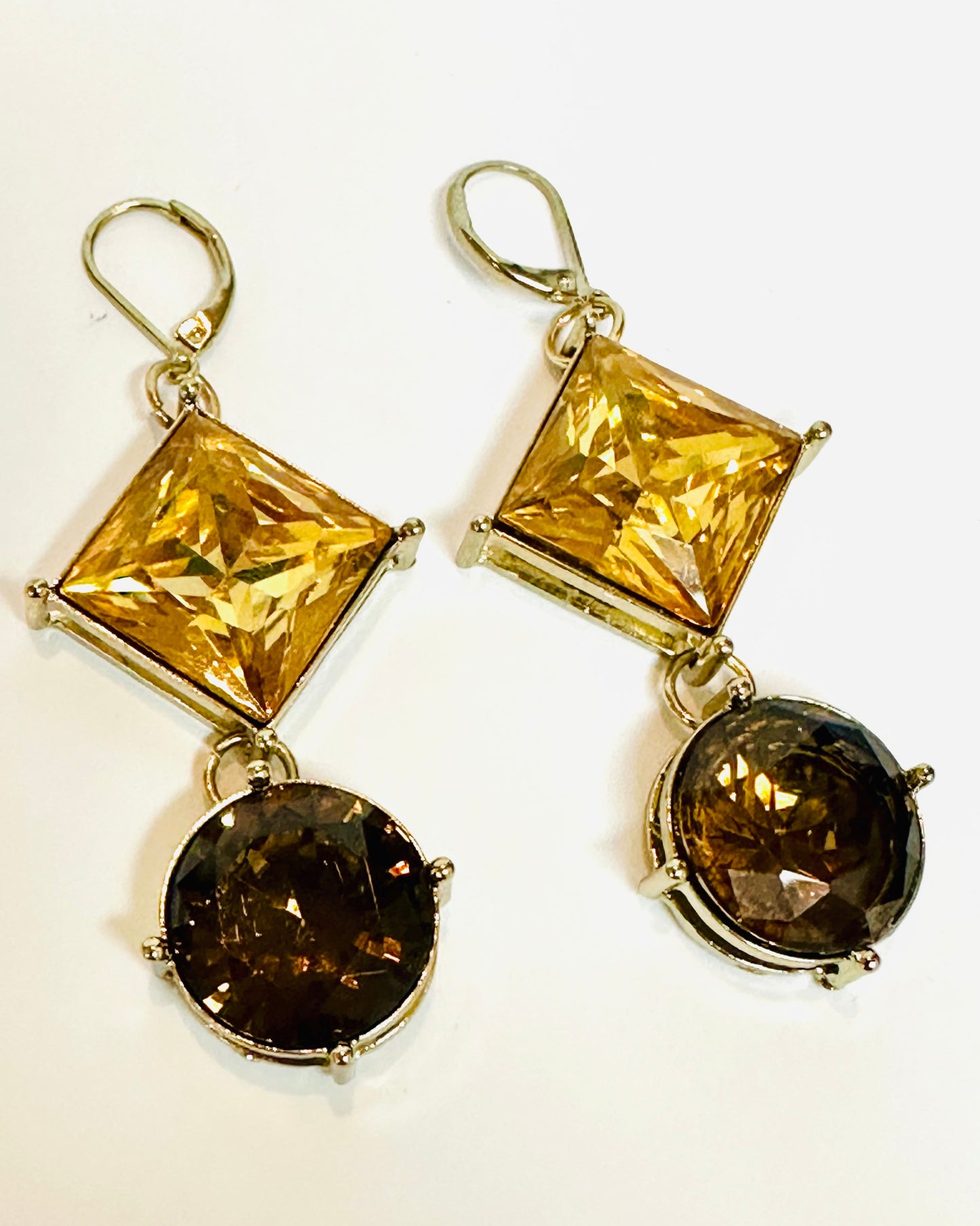 Vintage Two-Tone Citrine & Smoky Topaz Crystal Dangle Earrings