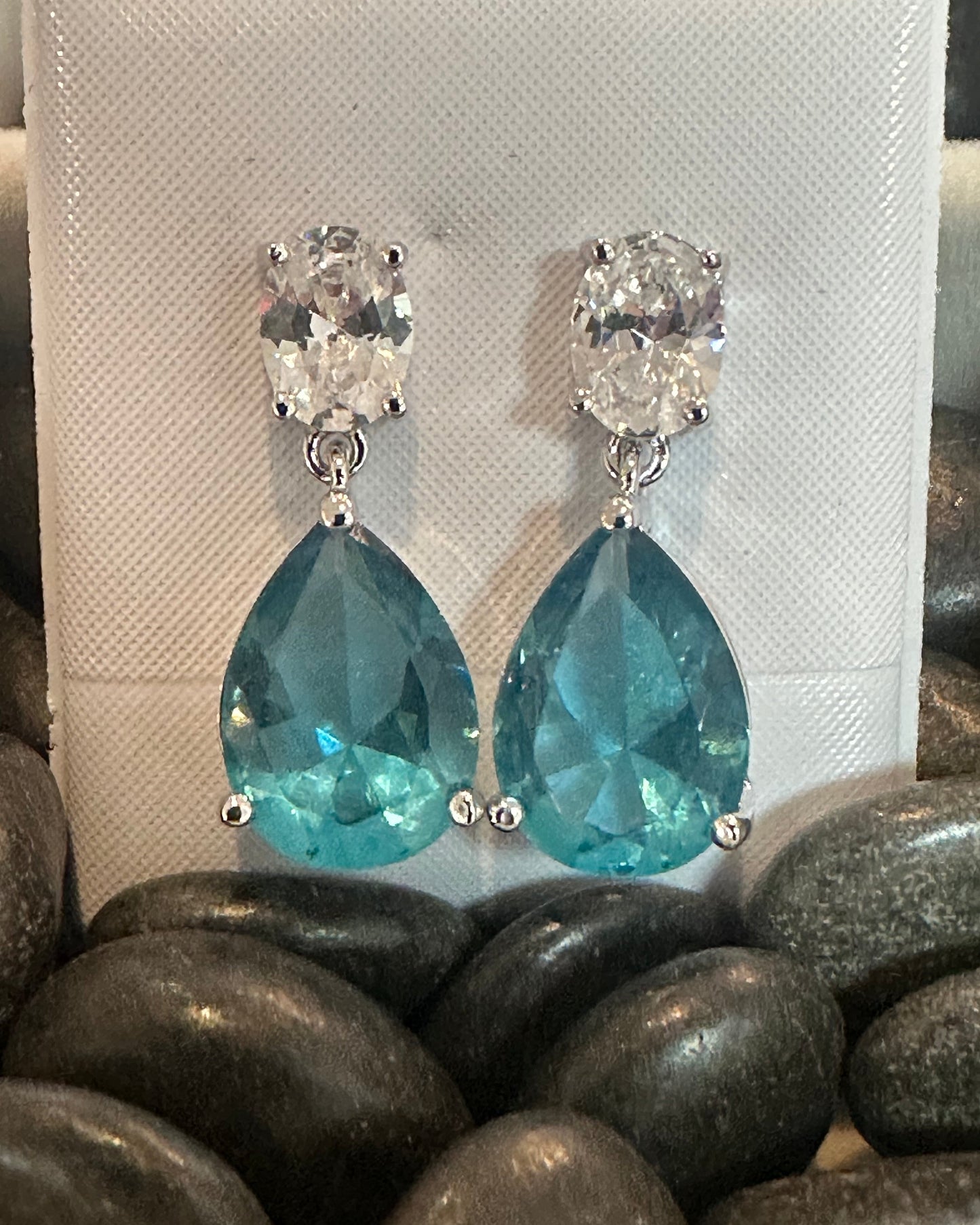 Vintage Oceanside Teardrop Earrings – Paraíba Blue & Oval CZ Drop