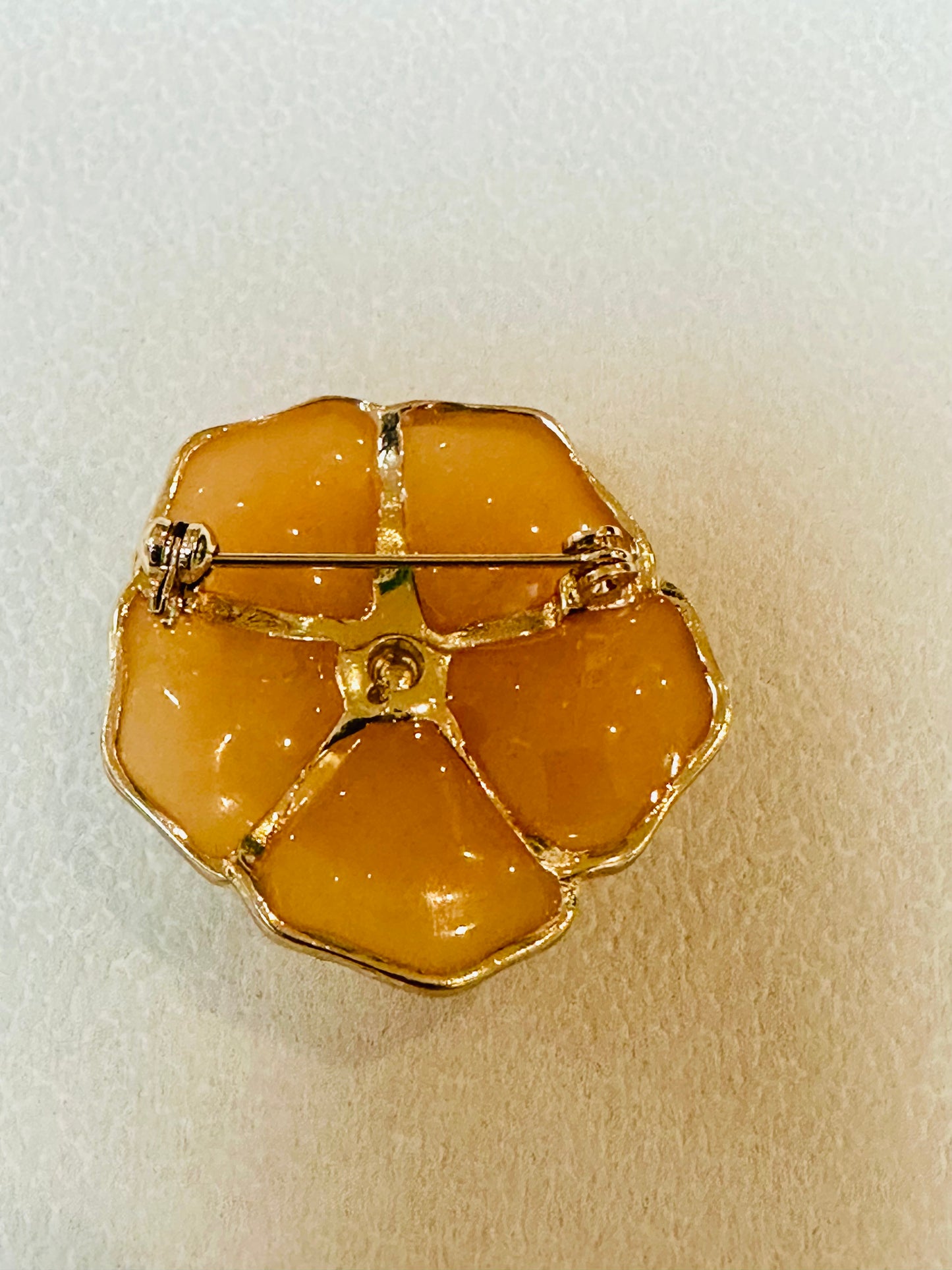 Vintage Caramel Enamel Camellia Medallion Brooch