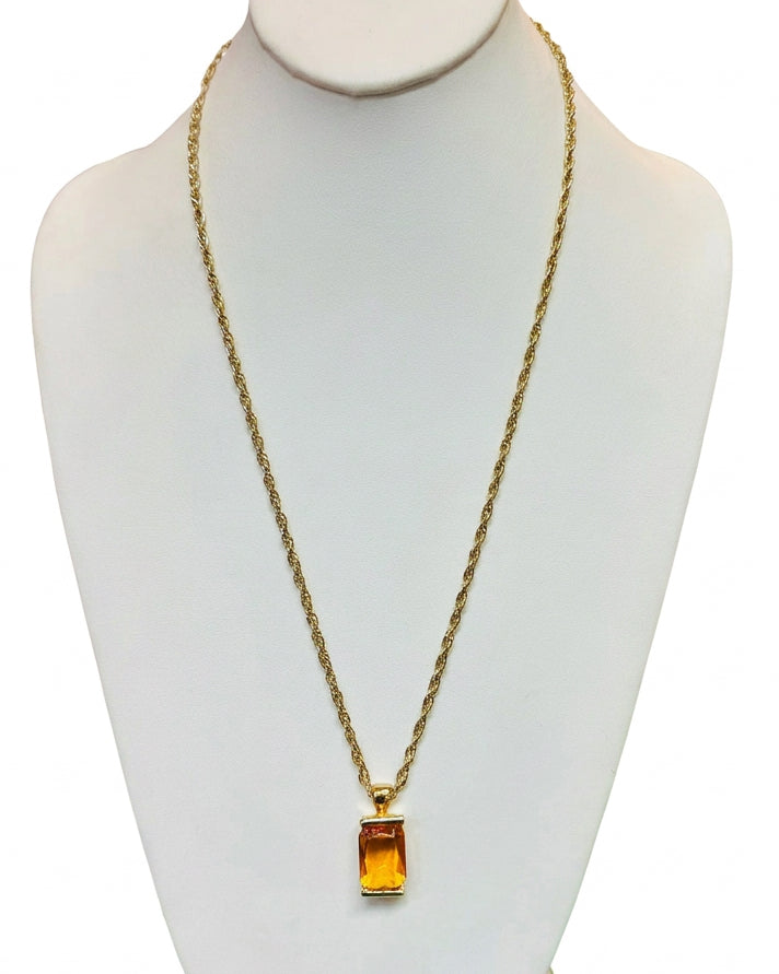 Vintage Gilded Honey Citrine Emerald-Cut Pendant Rope Chain Necklace