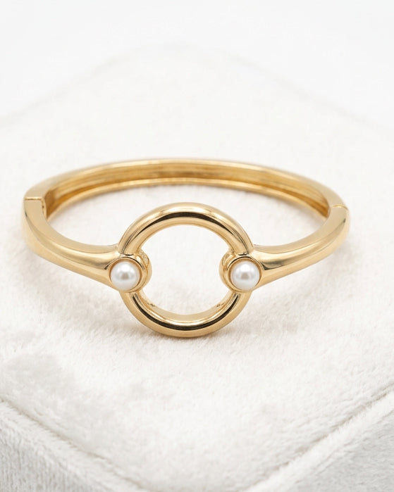Vintage Polished Gold Open-Circle Faux Pearl Hinged Bangle