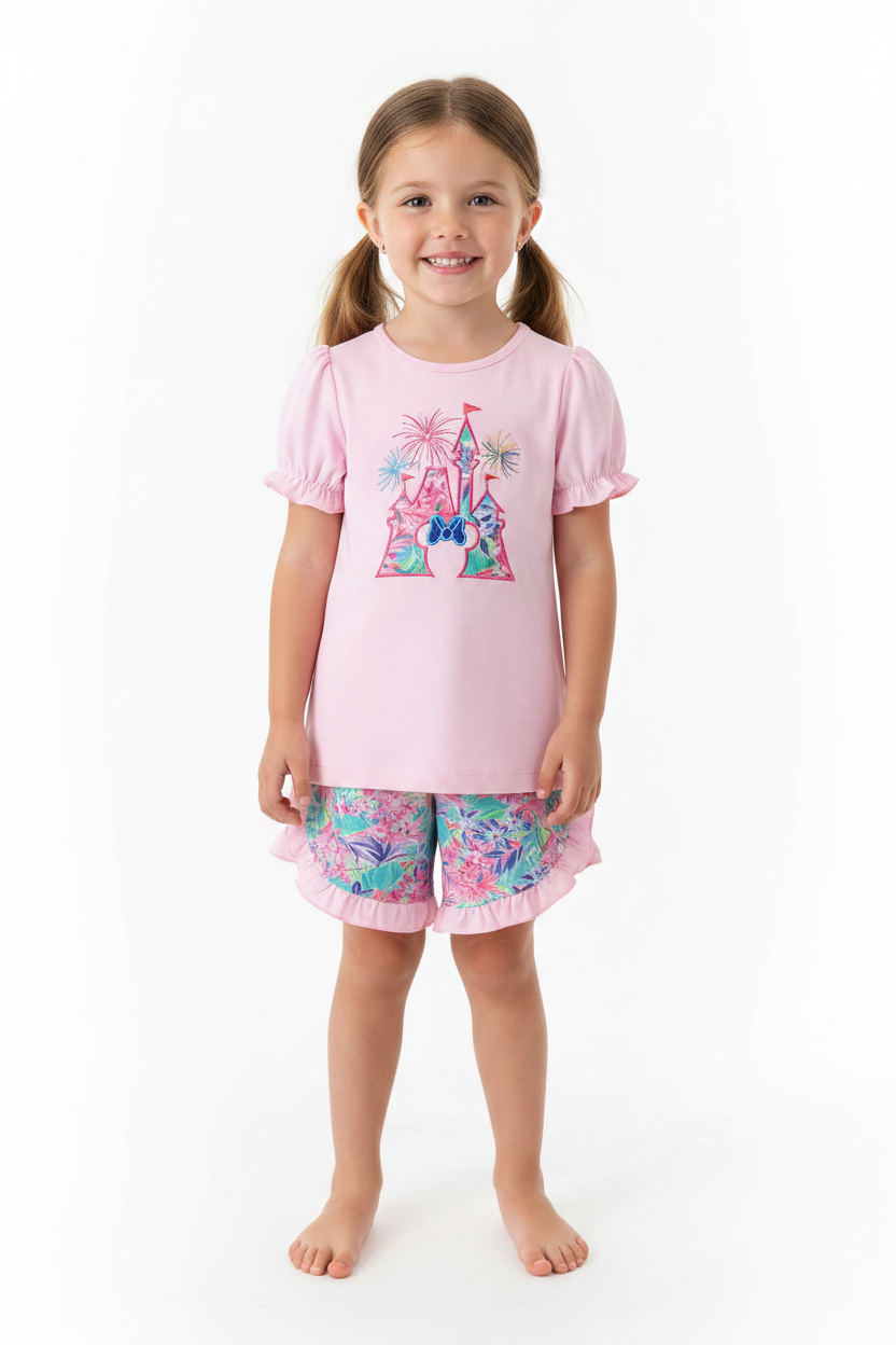 Pink Castle Applique Shorts Set
