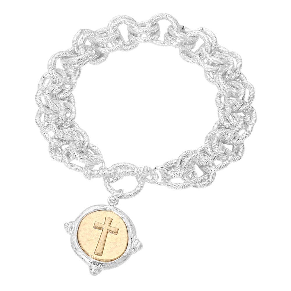 Chunky Two Tone Worn Metal Cross Toggle Bracelet