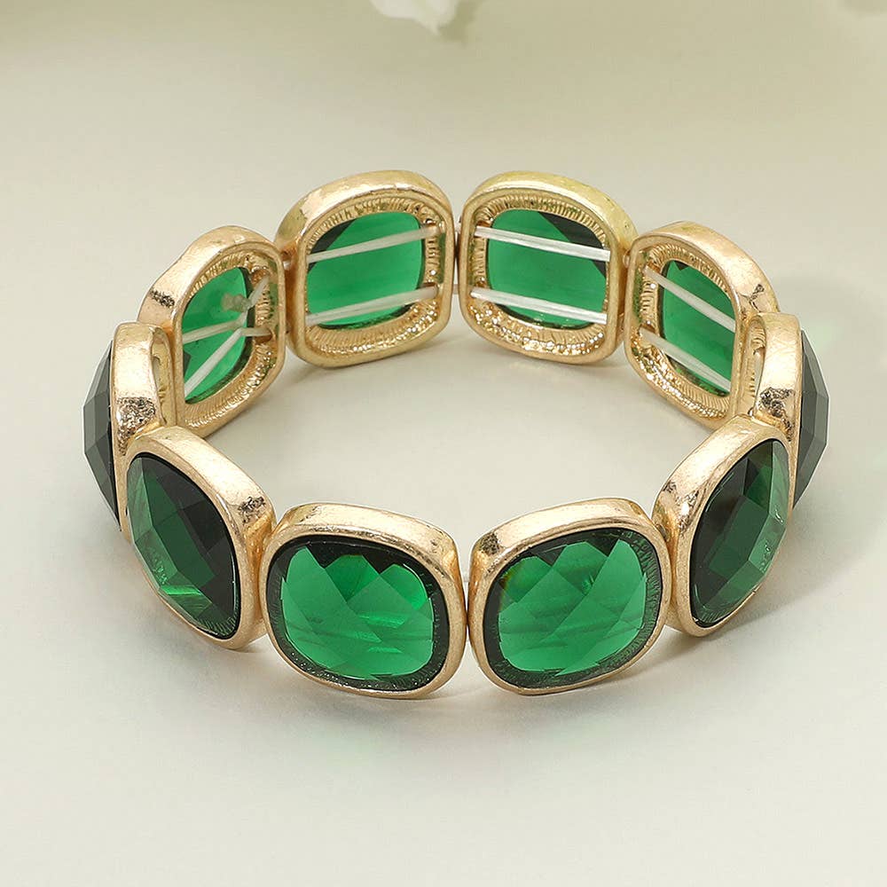 Round Square Glass Stone Frame Beaded Stretch Bracelet