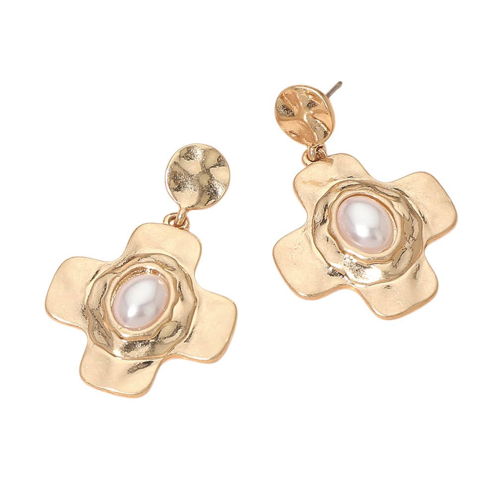 Oval Pearl Centered Cross Drop Dangle Earrings
