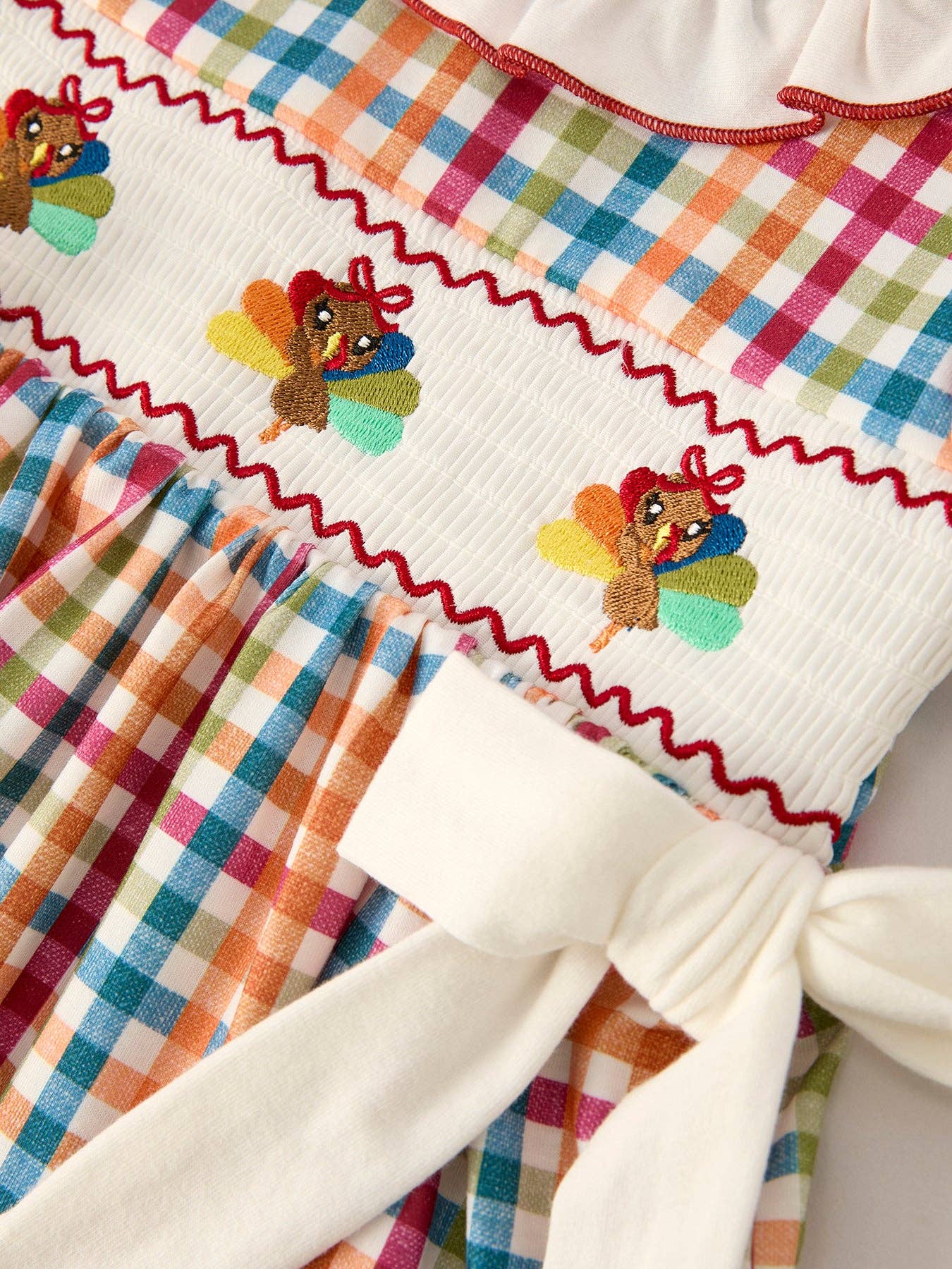 Thanksgiving Plaid Embroidery Smocking Dress