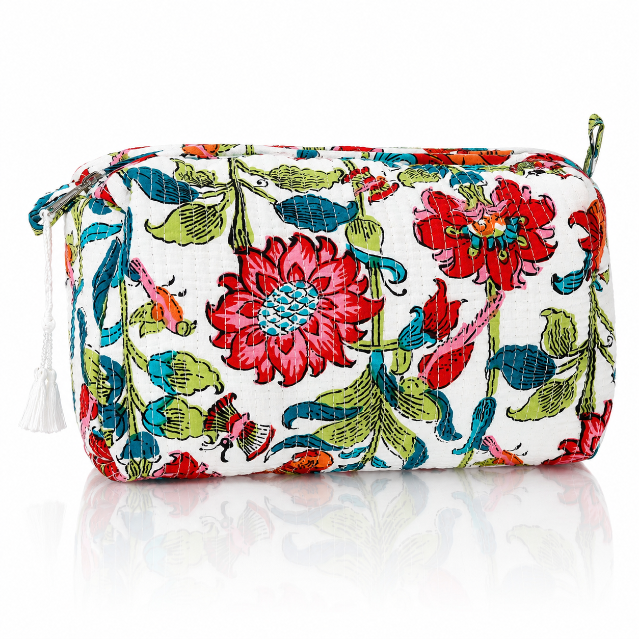 Bold Red Floral Cotton Quilted Cosmetic Set