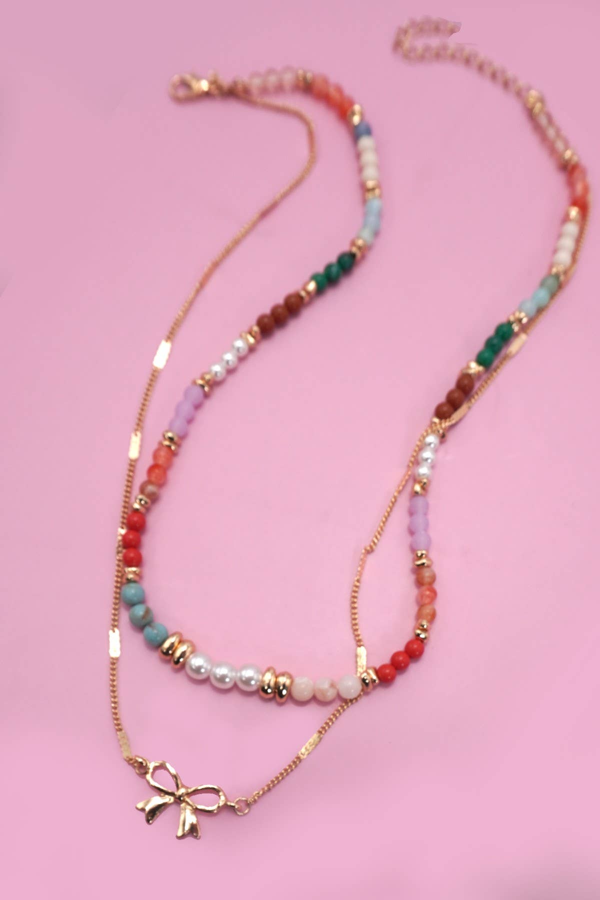 Multi Beaded Bow Charm Layered Necklace