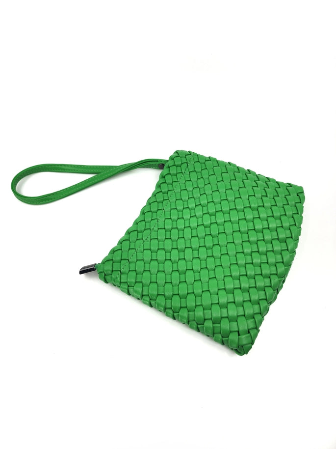 Green Woven Leather Crossbody Tote with Pouch