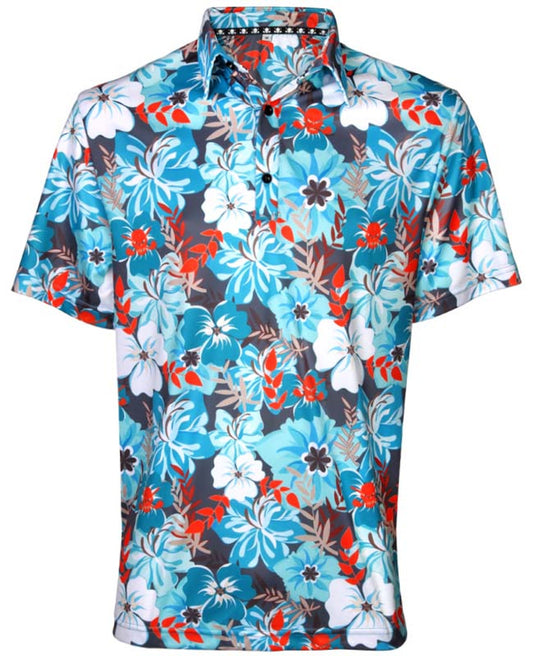 Aloha Men's Hawaiian Golf Shirt (Teal/Orange)
