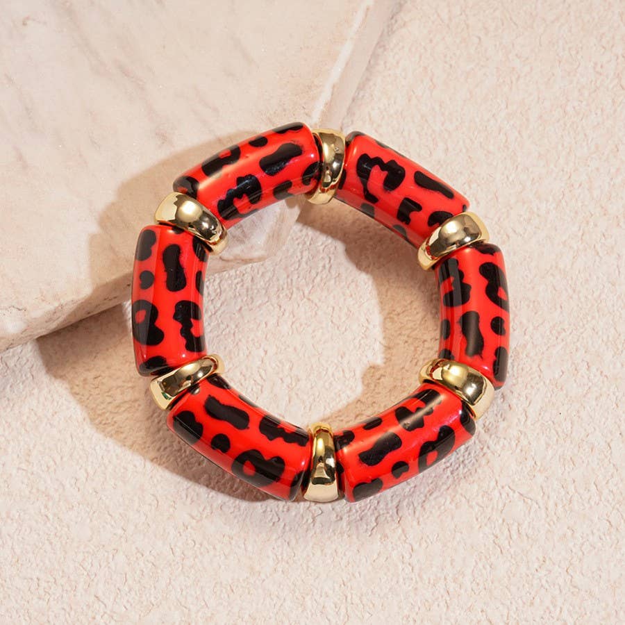 Acrylic Red Leopard Stretch Cord Bracelet
