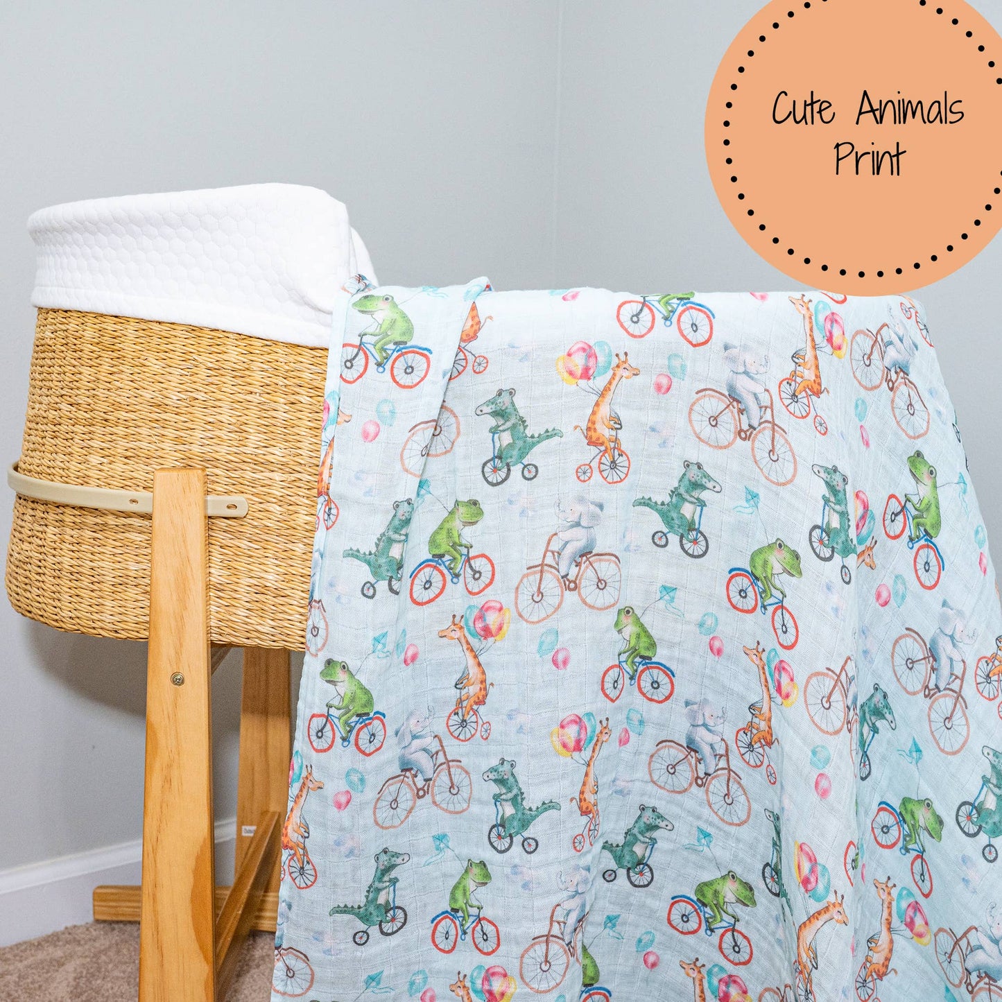 Animals on Bike Baby Muslin Swaddle Blanket
