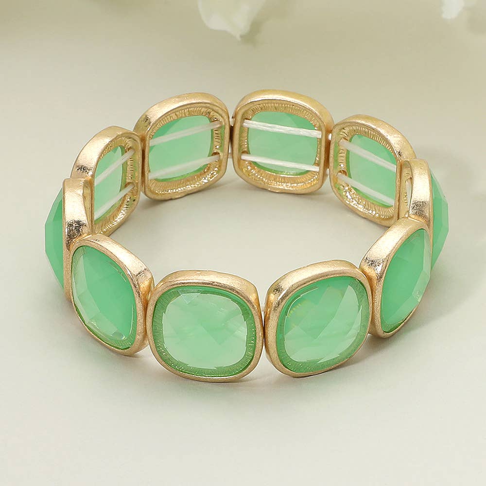 Round Square Glass Stone Frame Beaded Stretch Bracelet