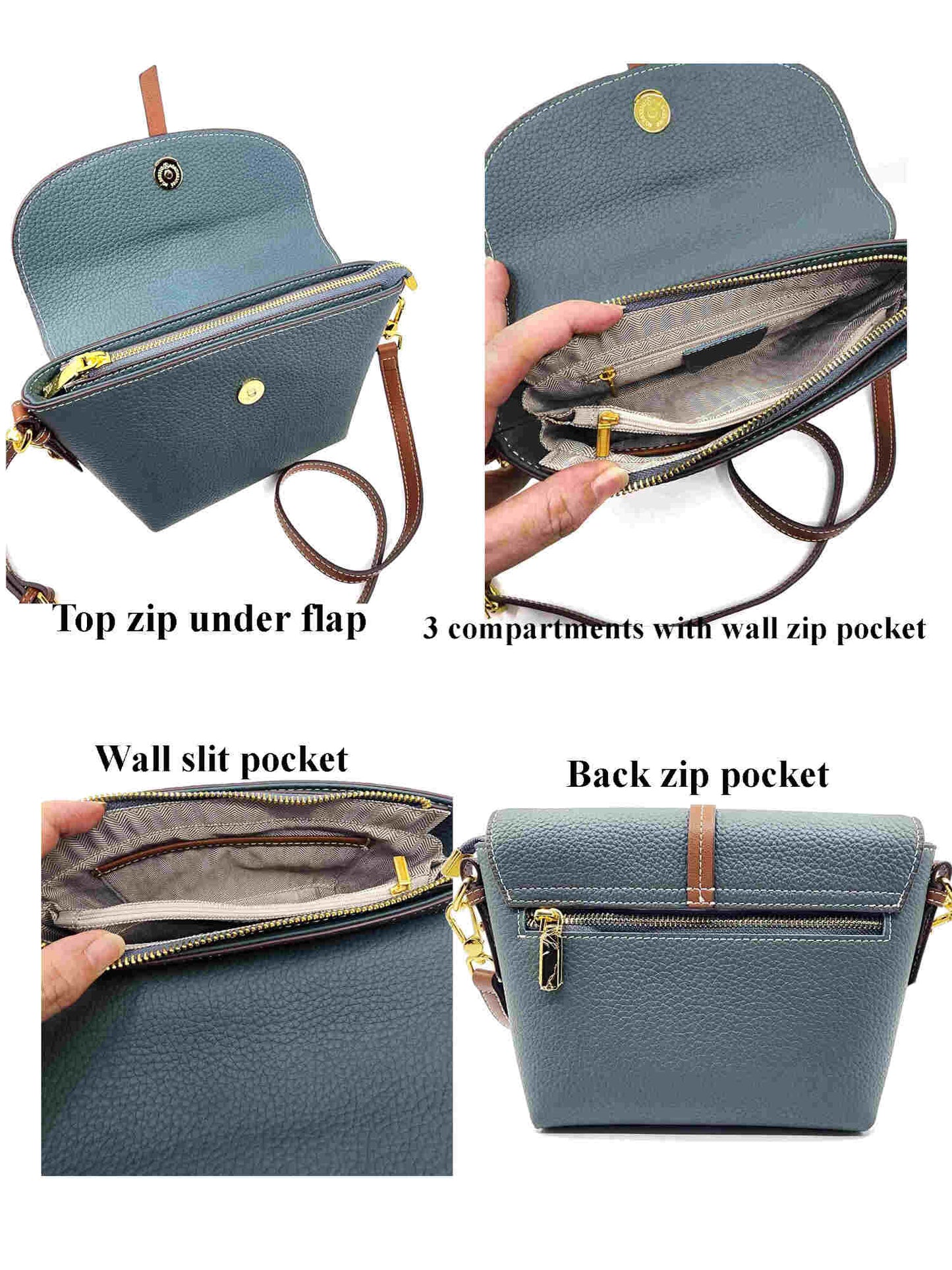 Genuine Pebble Leather Zip Flap Shoulder Handbag