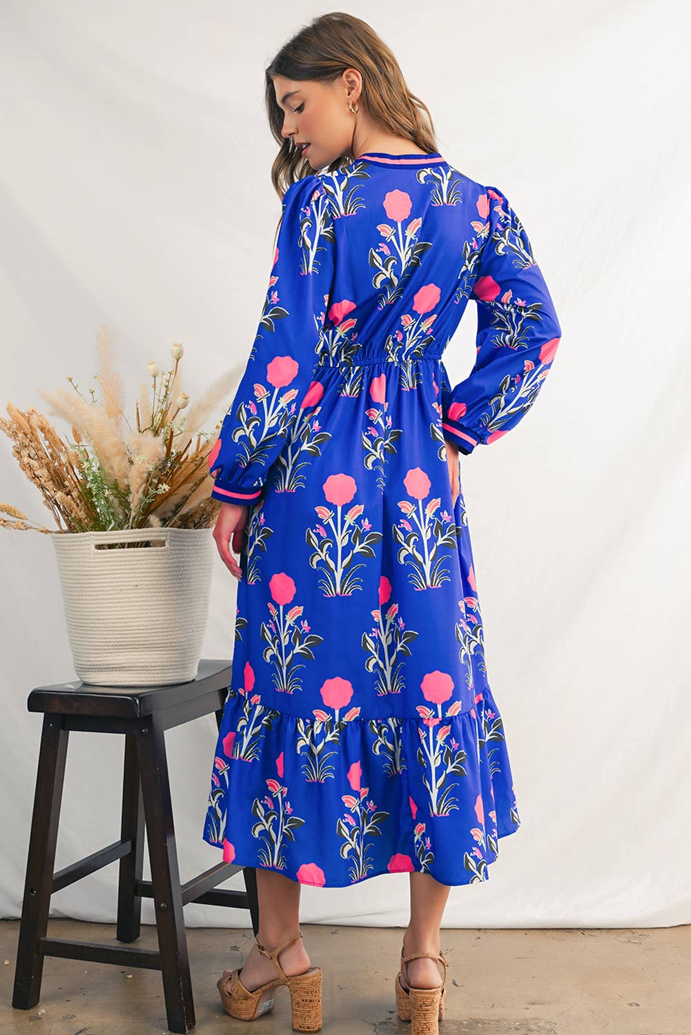 Vibrant Blue Floral Midi Dress