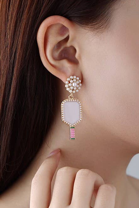 Pickleball Pearl Racket Drop Pink Earrings