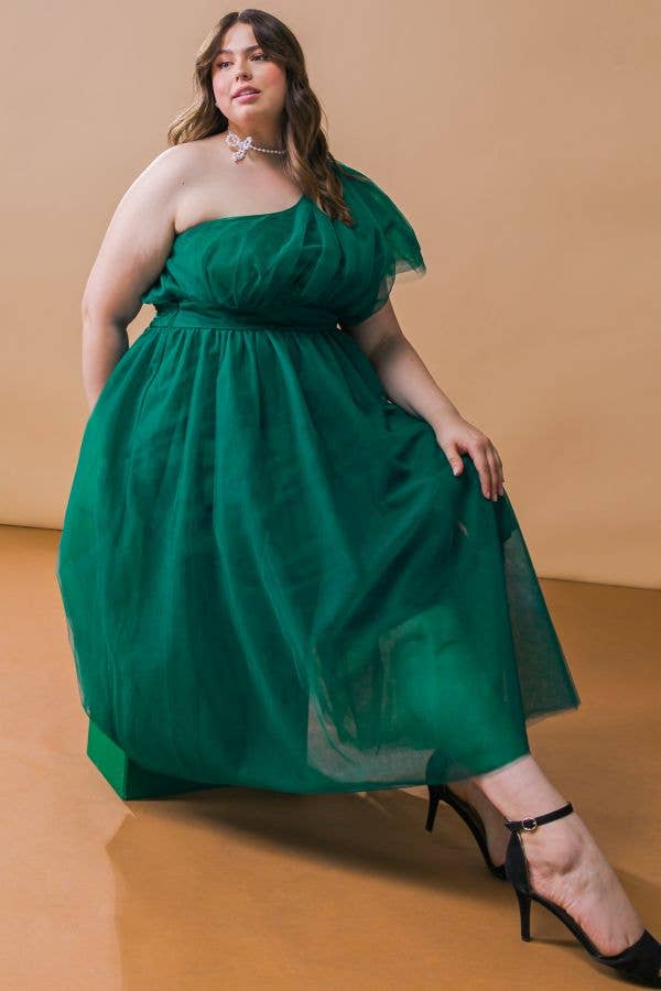 Curvy Emerald Dream One-Shoulder Tulle Dress