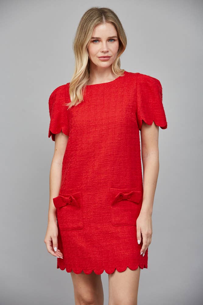 Scallop Red Bow Tweed Dress