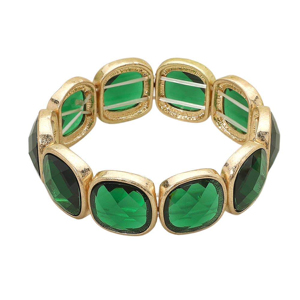 Round Square Glass Stone Frame Beaded Stretch Bracelet