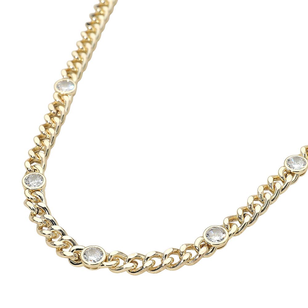 Gold CZ Bezel Station Chunky Chain Necklace