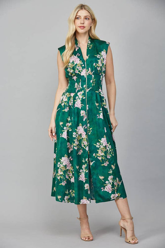 Vintage Green Floral Zip Dress