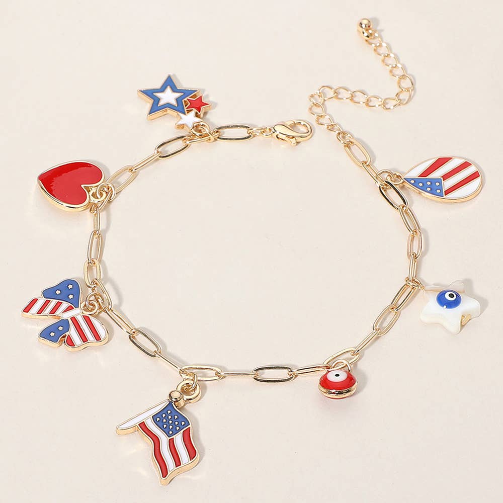 USA Flag Bow Charm Bracelet