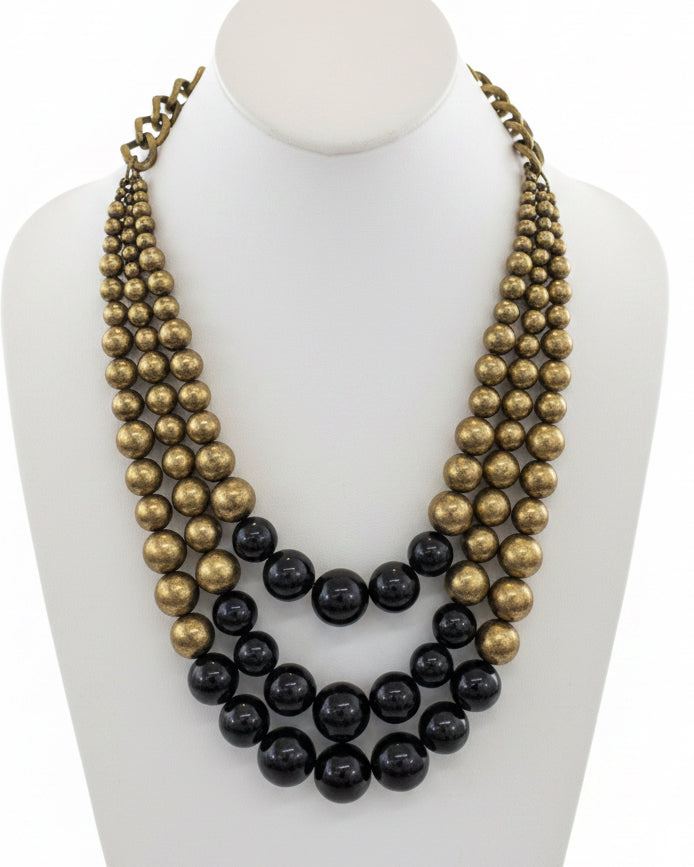 Vintage Layered Antiqued Bronze & High-Gloss Jet Black Bead Statement Bib Necklace