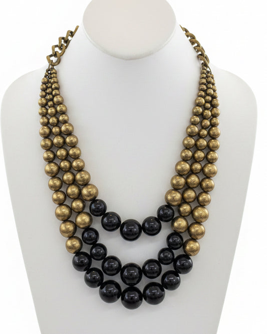 Vintage Layered Antiqued Bronze & High-Gloss Jet Black Bead Statement Bib Necklace
