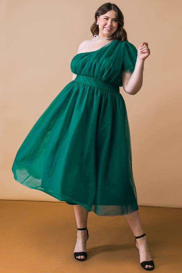 Curvy Emerald Dream One-Shoulder Tulle Dress