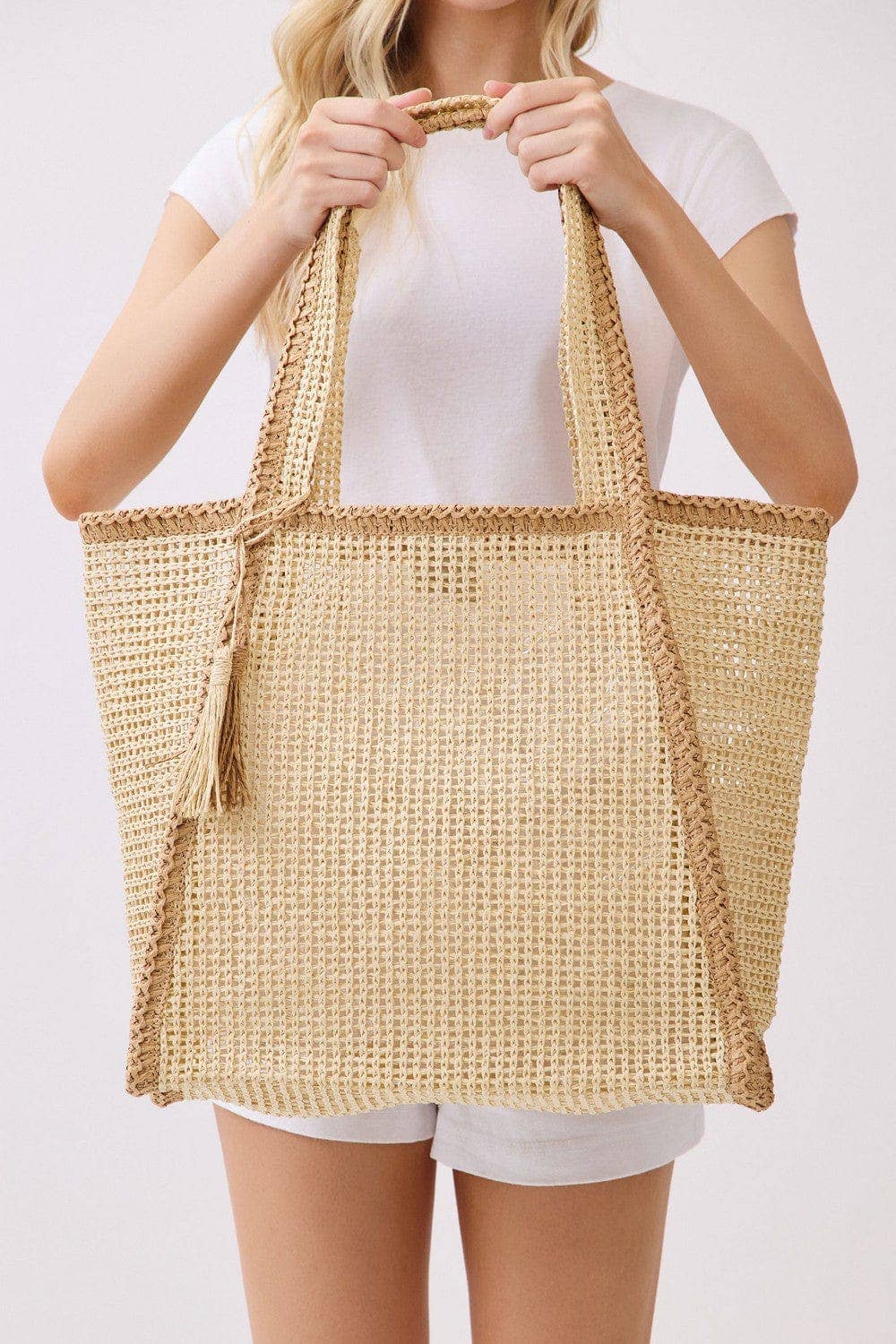 Two Tone Woven Straw Beach Tote Bag