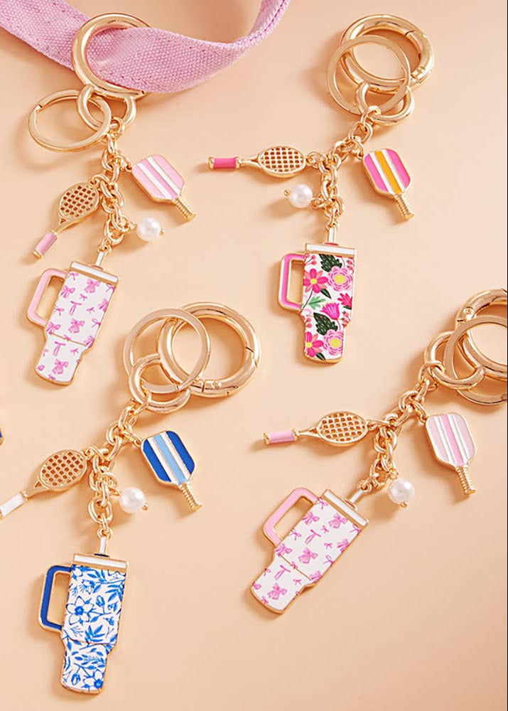 Enamel Pickleball Floral Tumbler Keychain Bag Charm