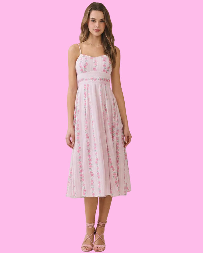 Pink Spring Floral Print Empire Dress