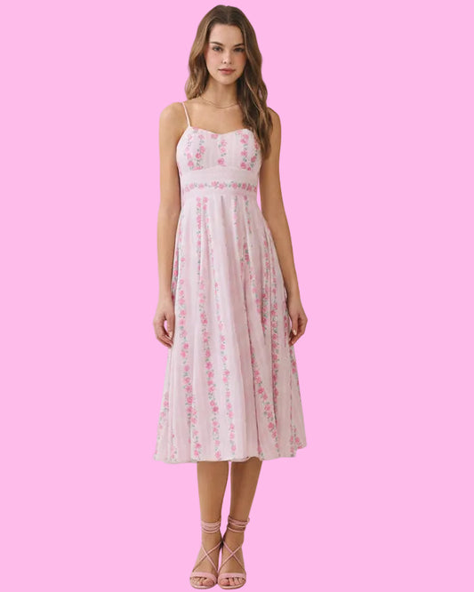 Pink Spring Floral Print Empire Dress