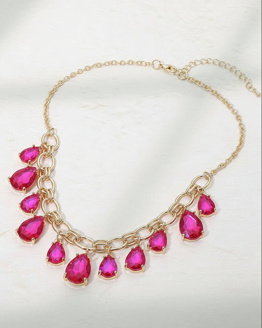 Fuchsia Cushion Teardrop Cluster Drop Necklace