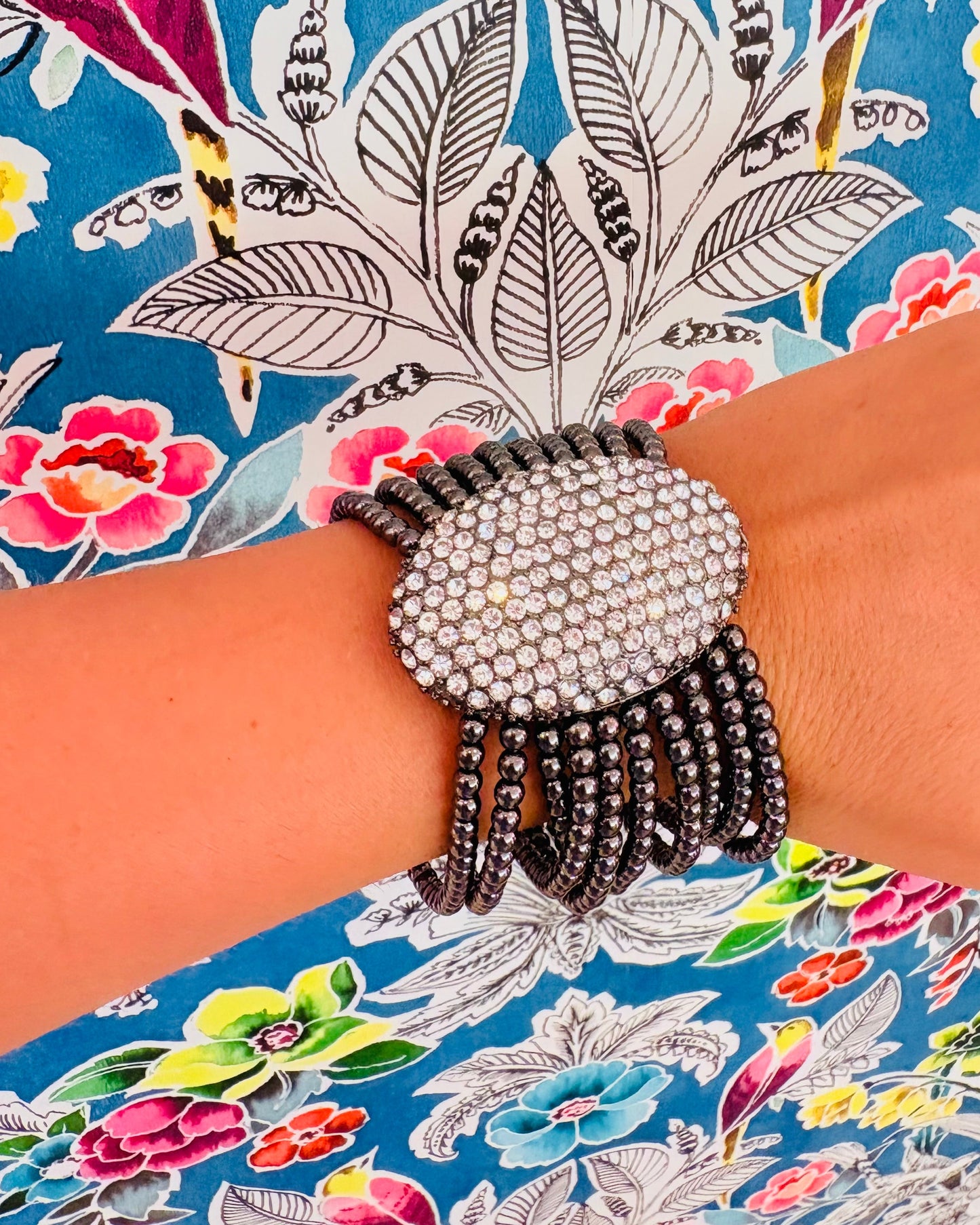 Vintage Multi-Strand Gunmetal Bead & Rhinestone Bracelet