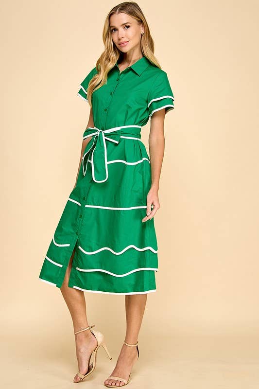 Green Contrast Midi Shirt Dress