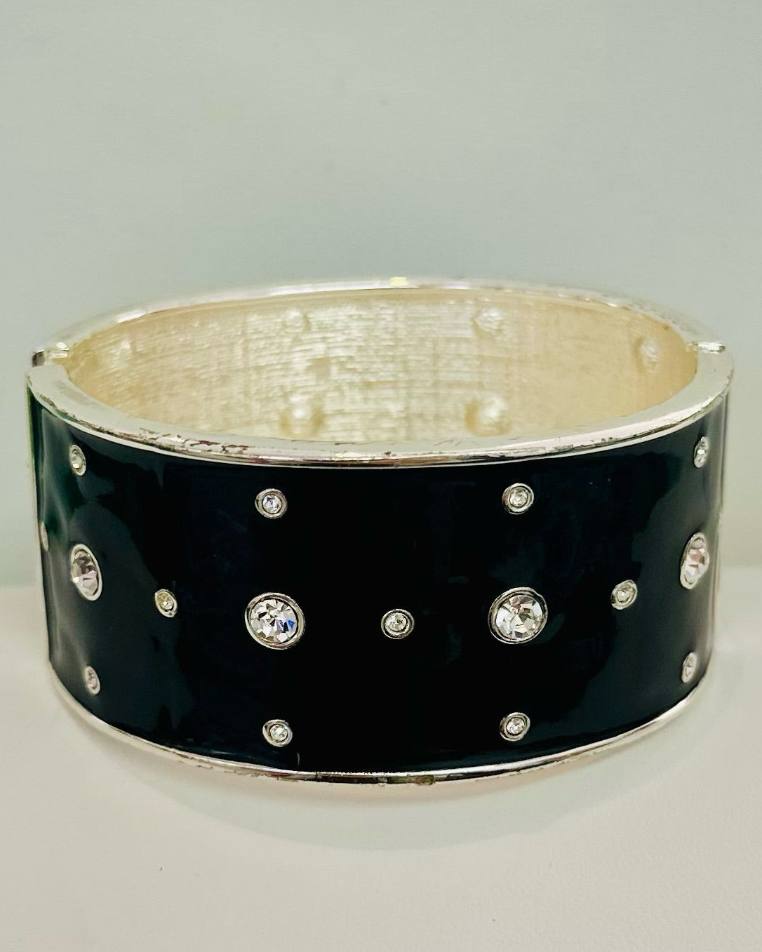 Vintage Black Enamel Starry Rhinestone Hinged Bangle