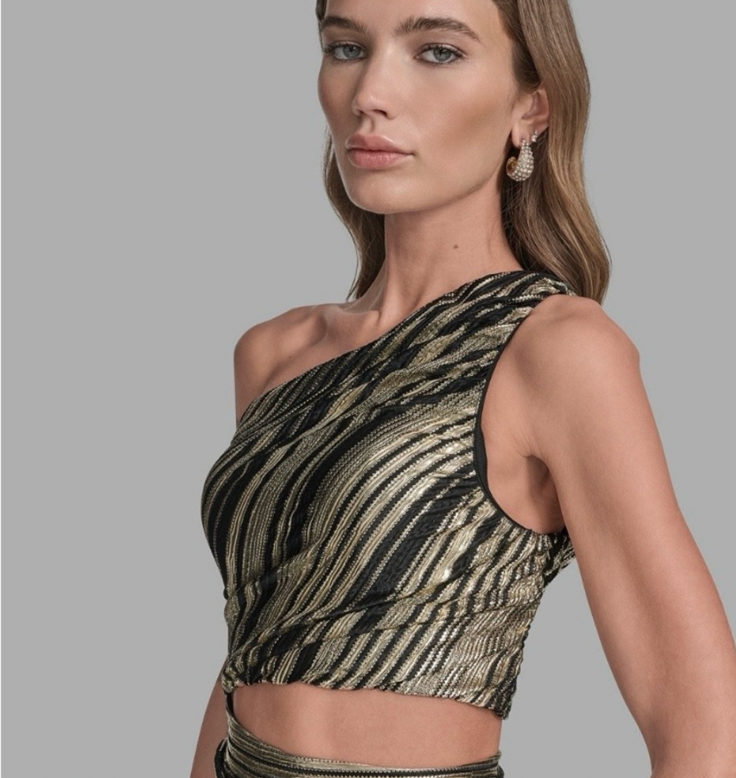 BCBG Striped Asymmetrical One-Shoulder Midi Dress