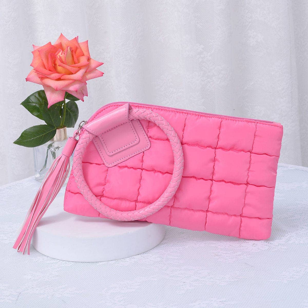 Quilted Puffer Wristlet/Clutch With Tassel