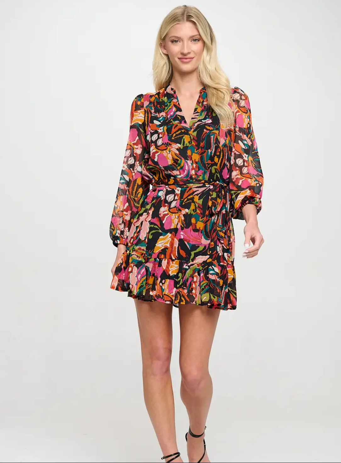 Black Ikat Long Sleeve Chiffon Dress